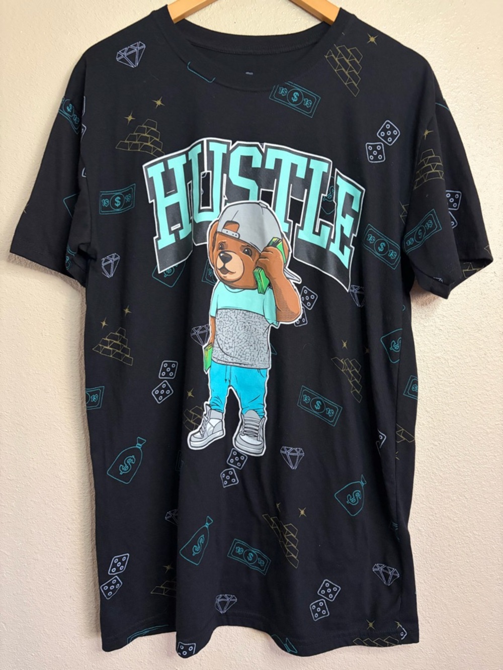 Men's Black 'Hustle' Graphic Tee with Teal Bear Artwork